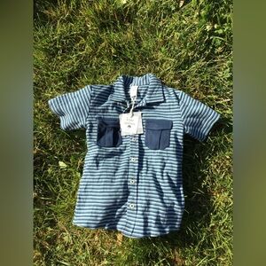 Kate Quinn Boys Blue Striped Ribbed Button Down Shirt Patch Pockets Size 5 years